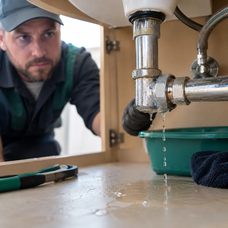 Dripping compression fitting beneath a bathroom sink with water pooling below
