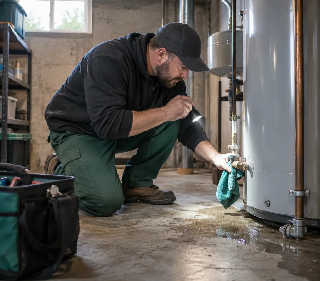 Plumber checking a residential water heater and shutoff valve for an active leak in Oak Creek
