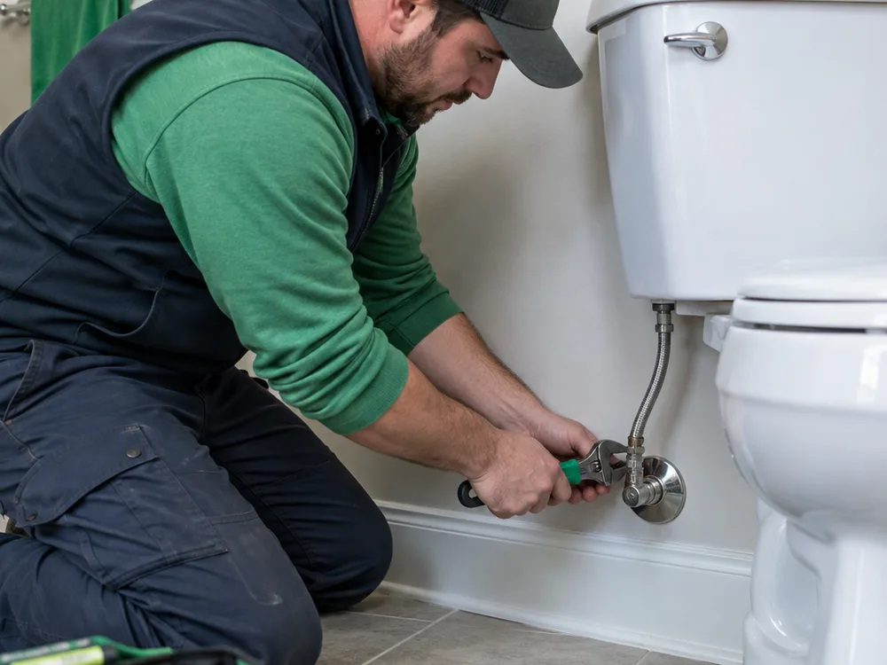 Hands tightening a toilet supply-line shutoff valve connection