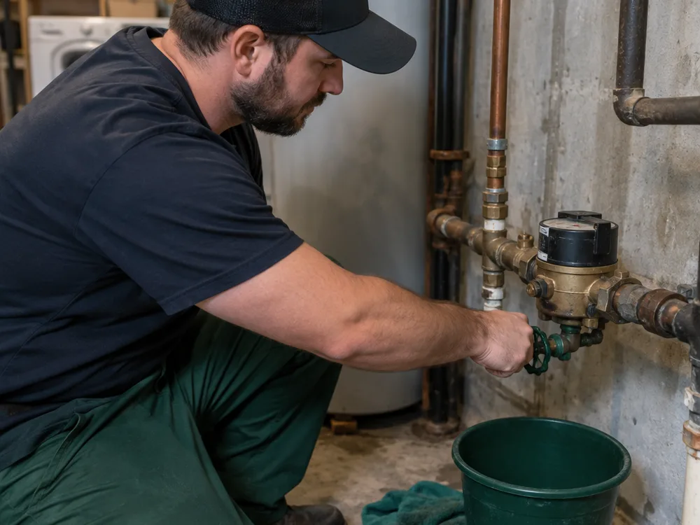 Hand turning a home's main water shutoff valve near the water meter
