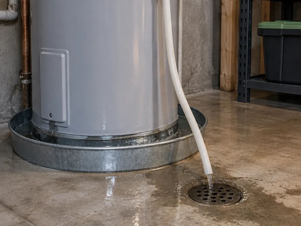 Fresh water in a water heater pan near a wet relief valve discharge line