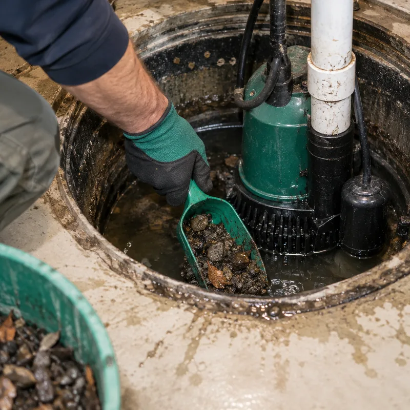 Gloved contractor removing debris from around a sump pump intake screen with a small scoop