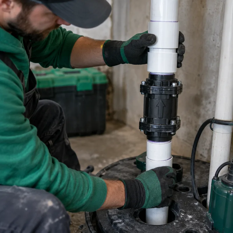 Close-up of a sump pump check valve on clean vertical discharge piping with its direction arrow visible