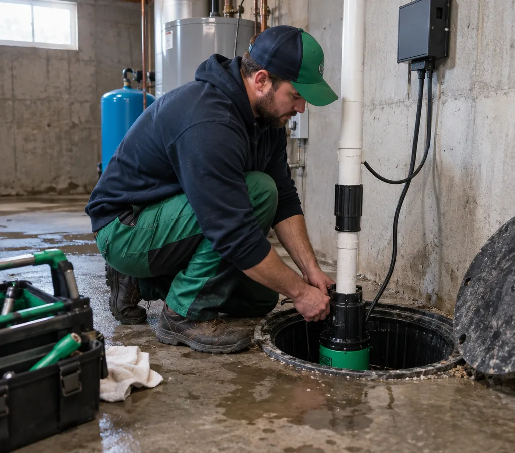Residential basement utility area with a sump basin, pump installation, and subtle floor moisture