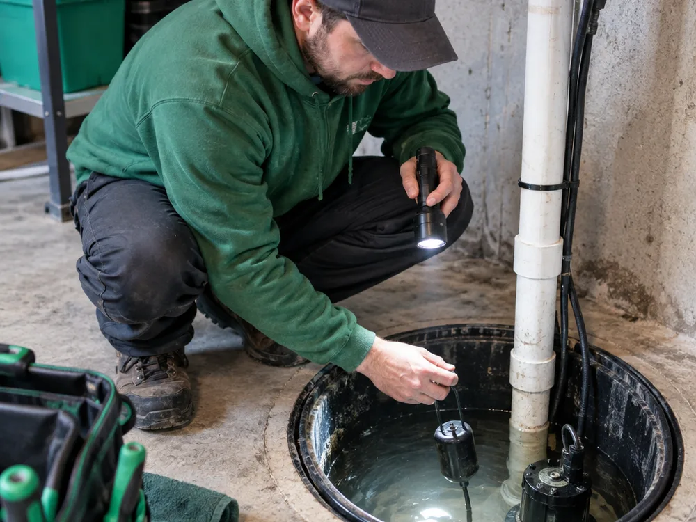 Contractor testing a sump pump float switch and observing the basin water level with a flashlight