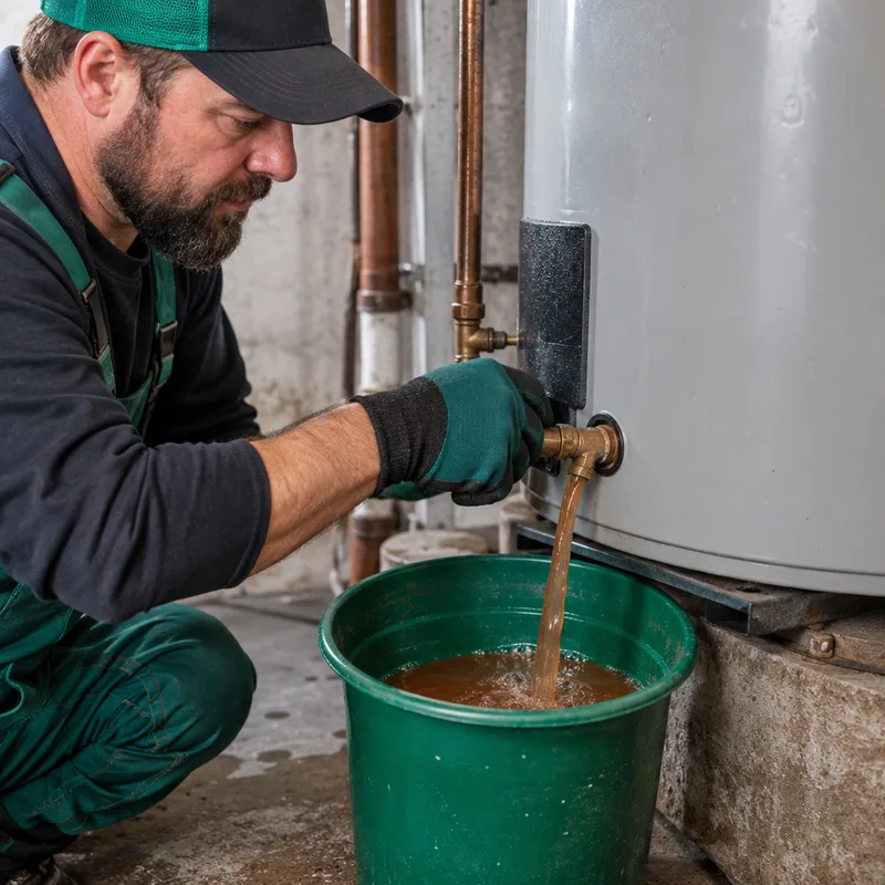 Sediment and rust-colored water draining from a tank water heater into a bucket