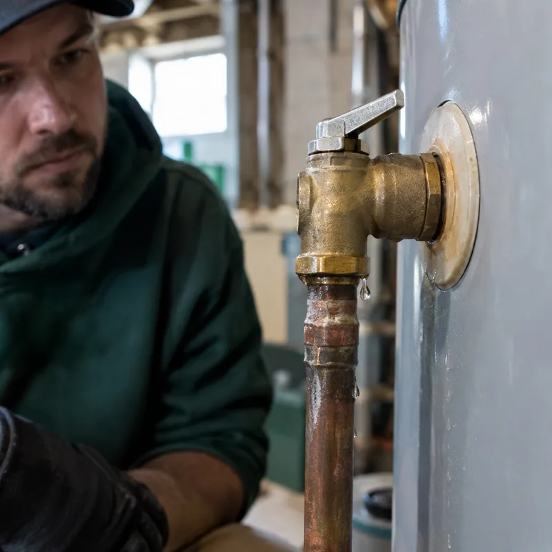 Close-up of a water heater TPR valve and discharge pipe showing moisture at the outlet