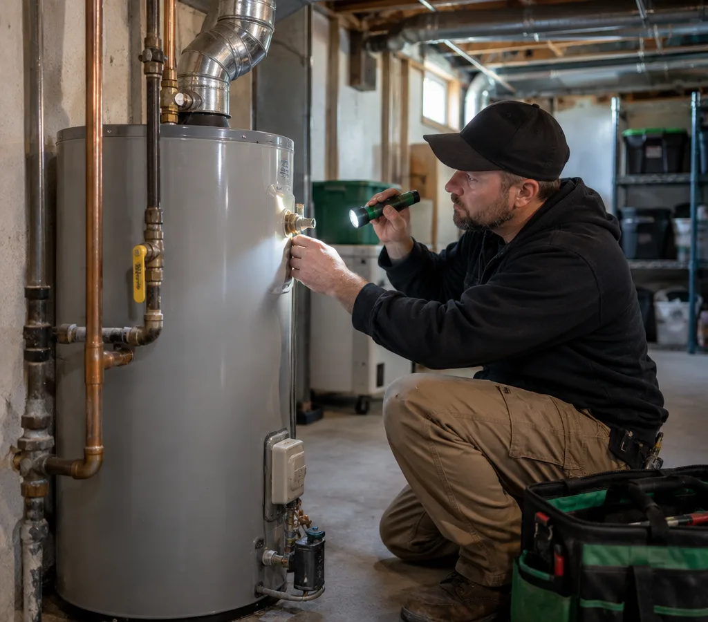Residential gas water heater in a basement utility area while a contractor checks its connections with a flashlight