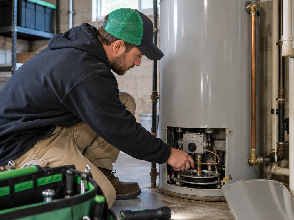 Contractor inspecting the burner area and vent connection of a gas tank water heater