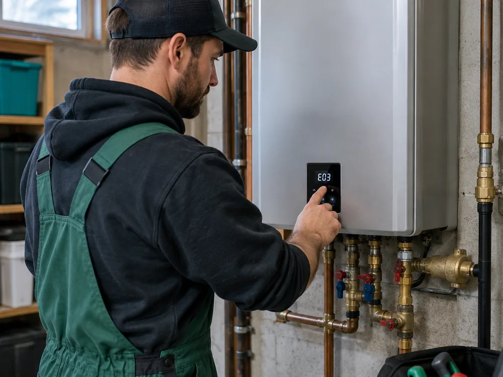 Contractor reading an error code on a wall-mounted tankless water heater