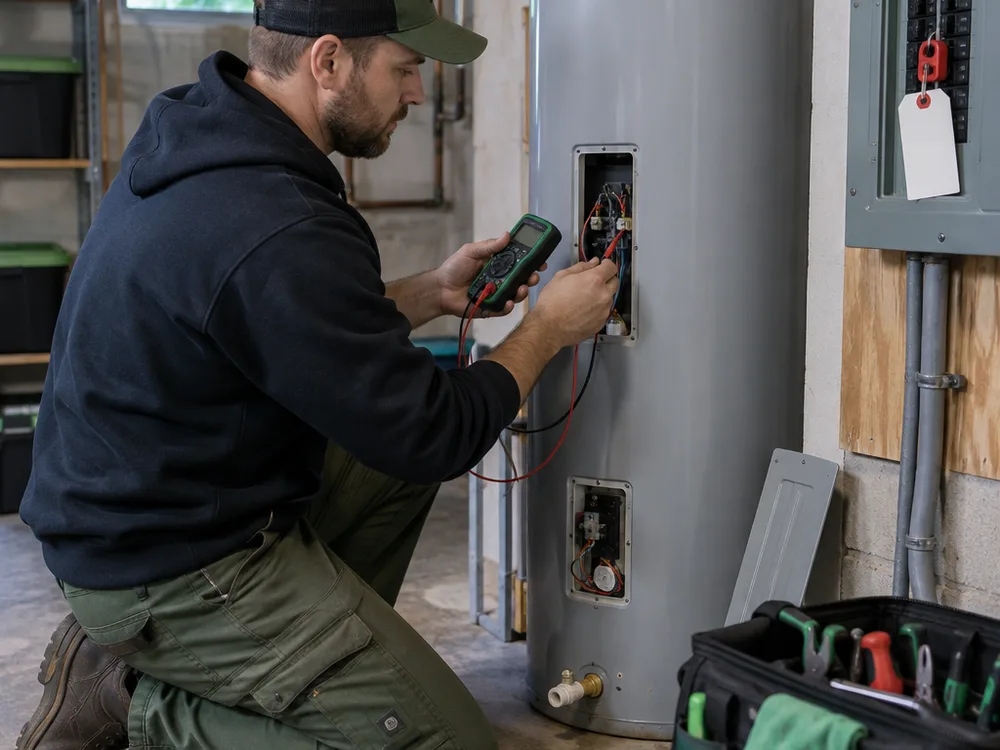 Contractor using a multimeter at an electric tank water heater access panel while the breaker is tagged off