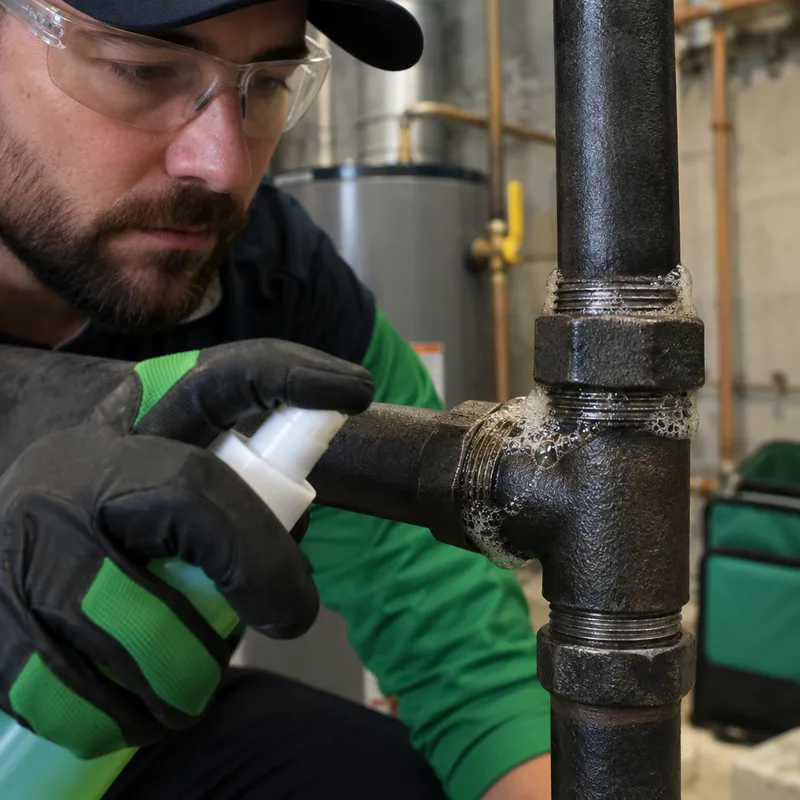 Threaded black iron gas pipe joint with leak-detection solution applied for careful inspection