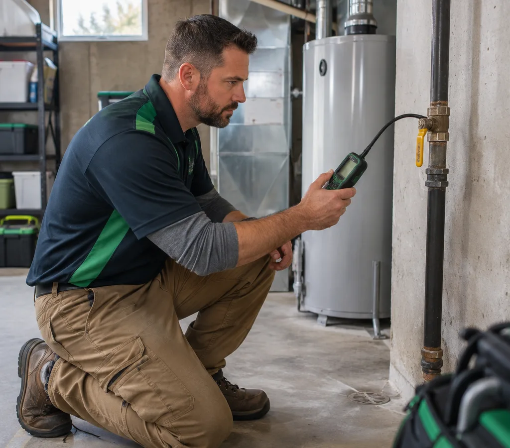 Contractor using a combustible gas detector near an exposed gas pipe and shutoff valve in a residential utility area