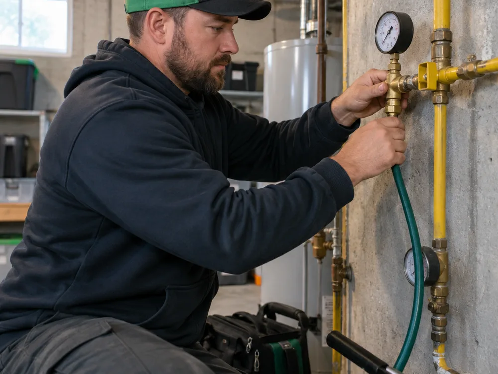 Contractor performing a pressure test on an isolated gas line section with gauges visible