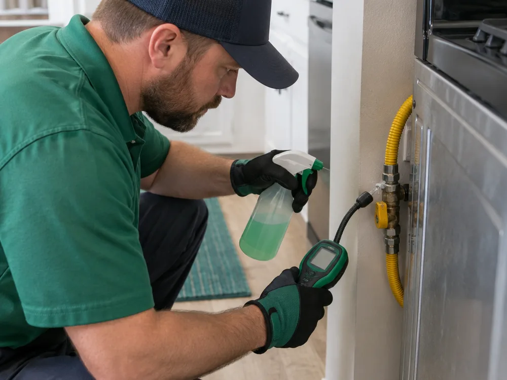 Contractor checking a gas appliance shutoff valve and flexible connector with leak-detection solution and a handheld gas detector