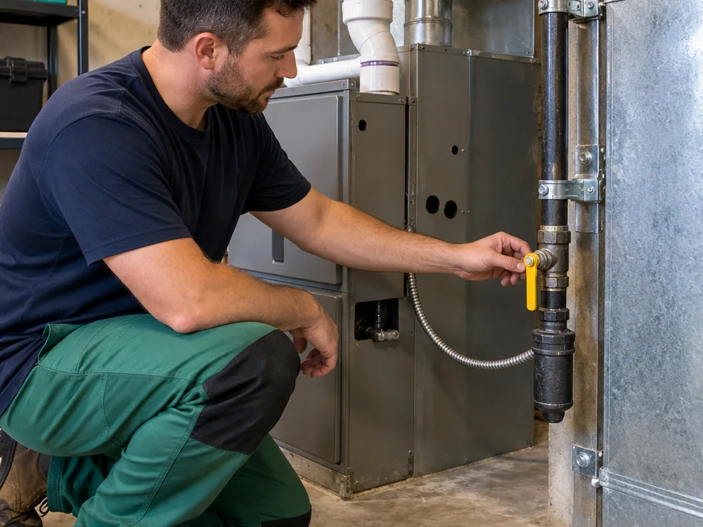 Neatly supported gas piping near a furnace with an accessible shutoff valve and sediment trap after repair