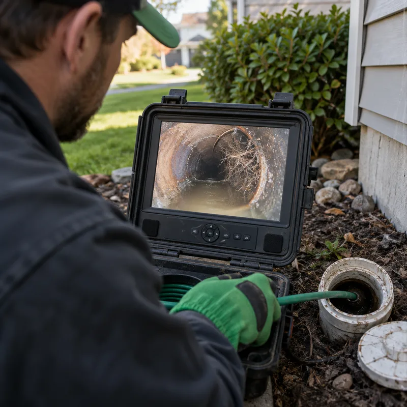 Drain camera monitor showing roots at a joint inside a residential sewer lateral while the cable enters through a cleanout