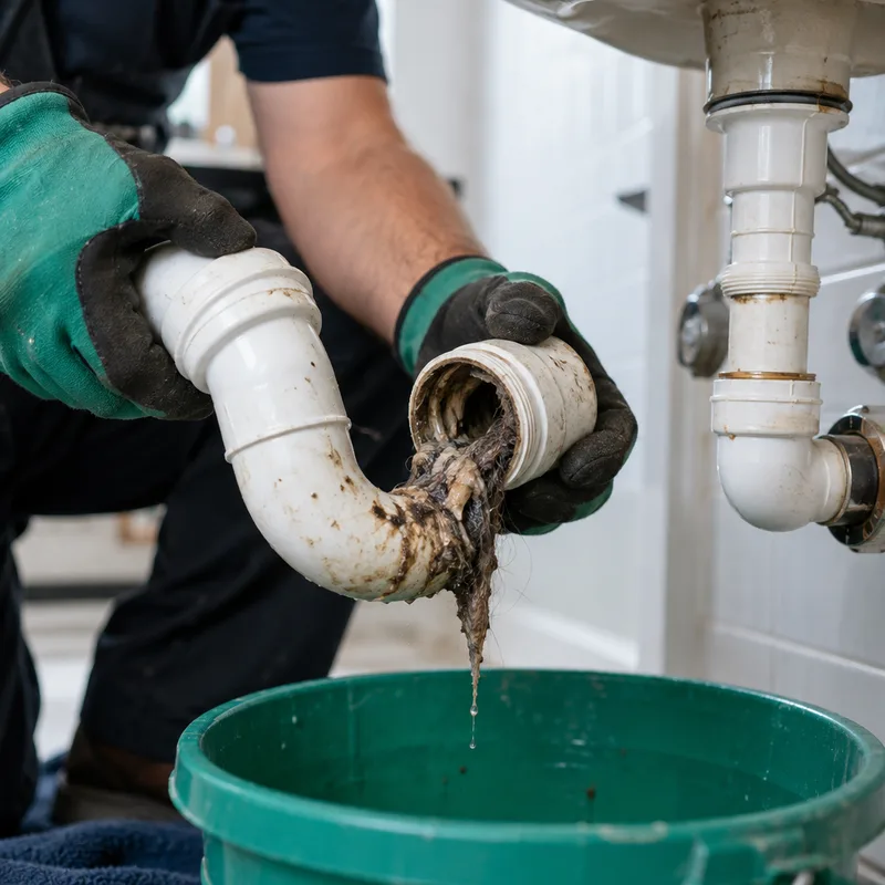 Close-up of a sink P-trap removed over a bucket showing hair and soap buildup from a bathroom clog