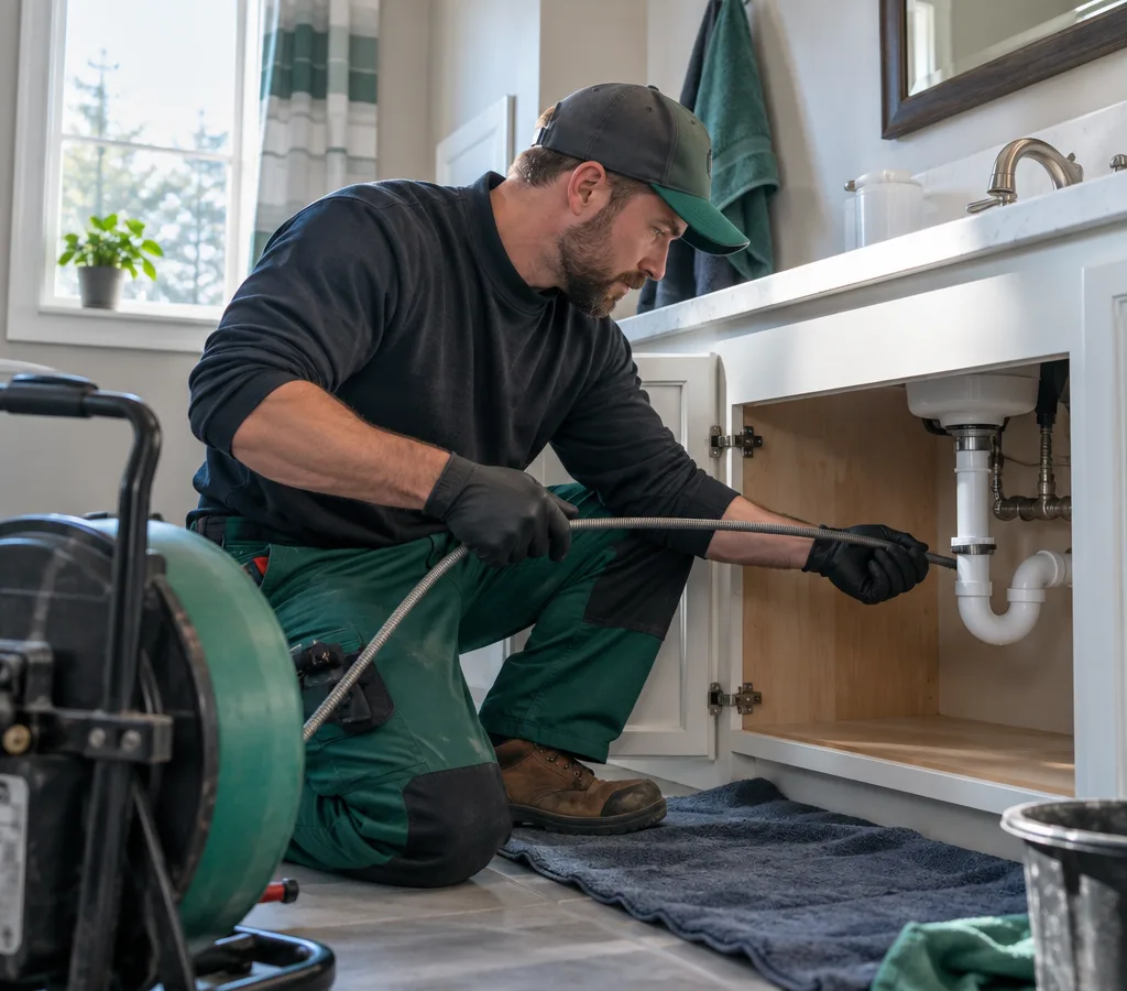 Plumbing contractor preparing drain-cleaning equipment at a residential bathroom sink with the P-trap and cleanout area visible