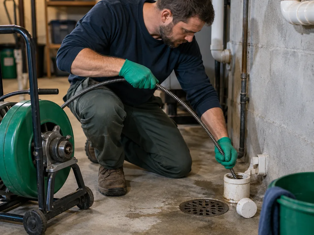 Contractor feeding a drain auger into a cleanout access near a basement floor drain