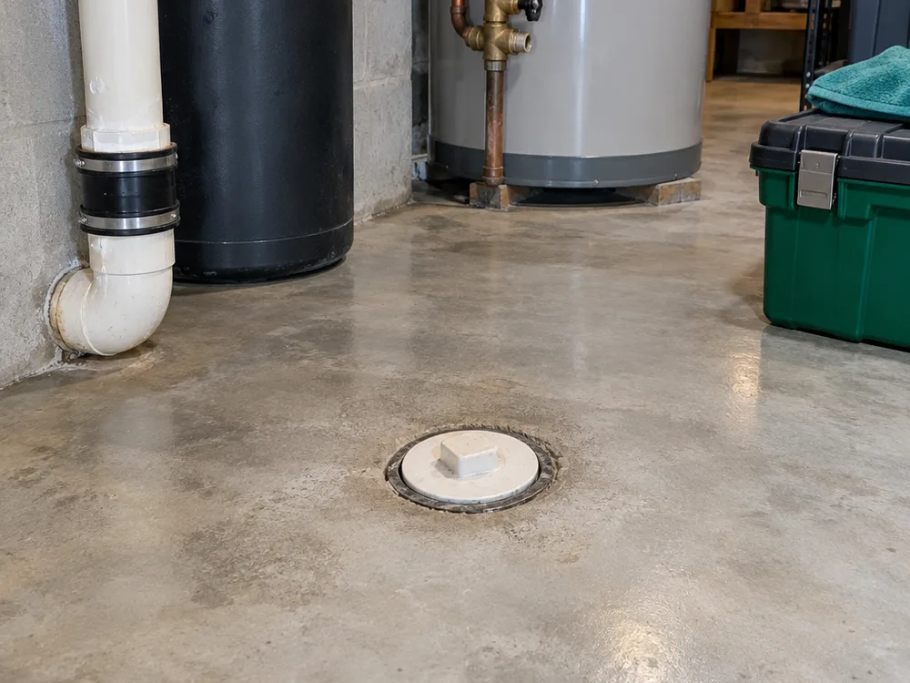 Clean basement floor-drain area after clearing with the cleanout cap reinstalled