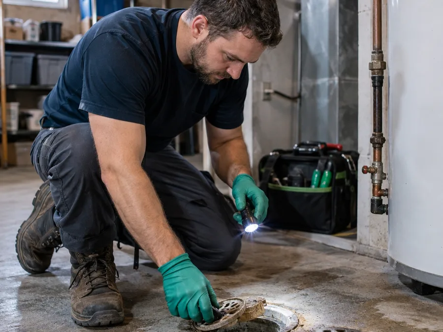 Plumber inspecting a basement drain cleanout and floor drain area